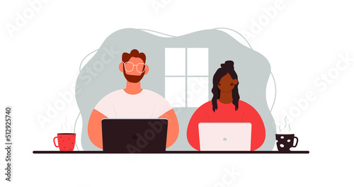 Man and African woman working together. Remote work, a couple working together. Vector illustration