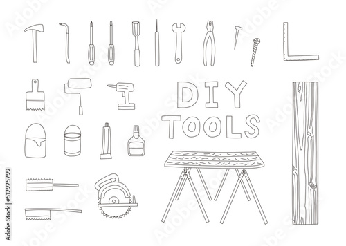 DIY TOOLS 工具　手描きゆるイラストセット　モノクロ