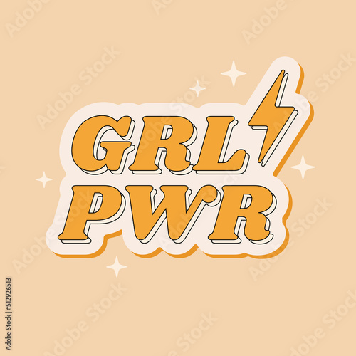 Woman motivational inscription GRL PWR - Girl Power in retro 1970s style. Feminist slogan for cards, posters, t-shirt. Vector illustration.