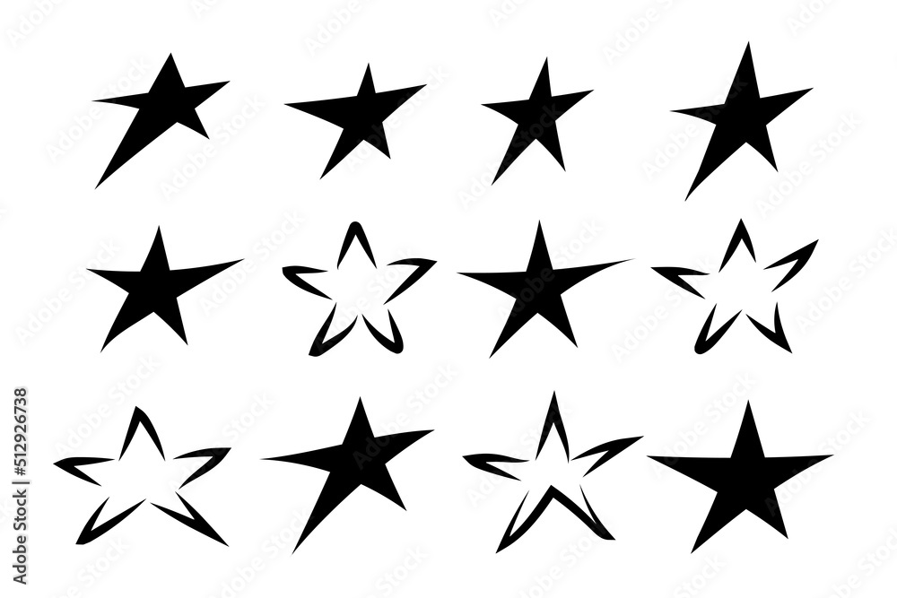 A set of flat simple black hand drawn stars. Good for any project. A set of flat simple black hand drawn stars. Good for any project.