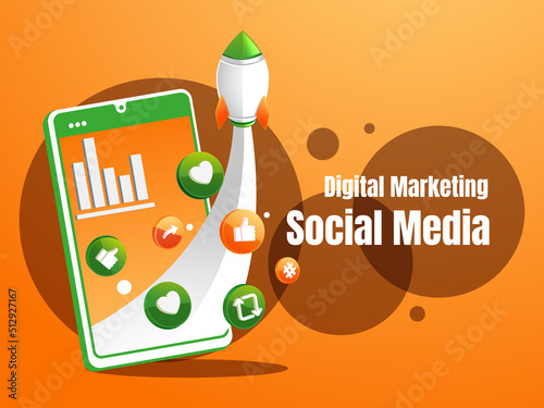 social media marketing with smartphone and rocket social media logo
