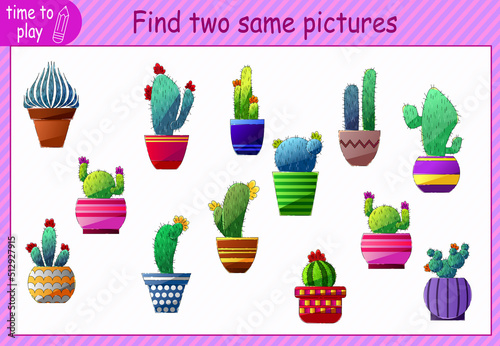 children's educational game. a game of logic. puzzle for children. find two identical pictures. cactus. plant. greenery. flower.