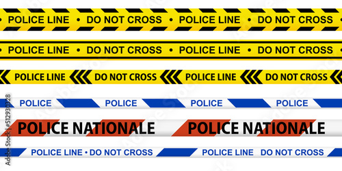 Caution tape set. Police line and do not cross ribbons. Yellow warning danger tapes. Abstract warning lines for police, accident, under construction. Horizontal seamless borders. Vector illustration