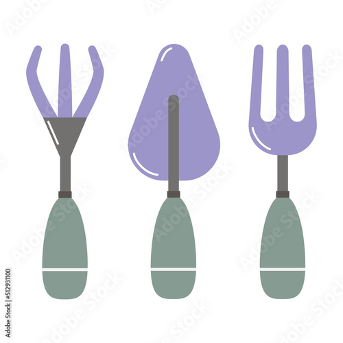 Garden tools vector illustration, A set of three devices for tillage isolated on a white background.