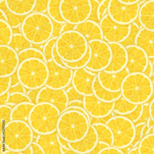 Yellow sliced lemons background overlapping each other. texture of fresh yellow fruit.