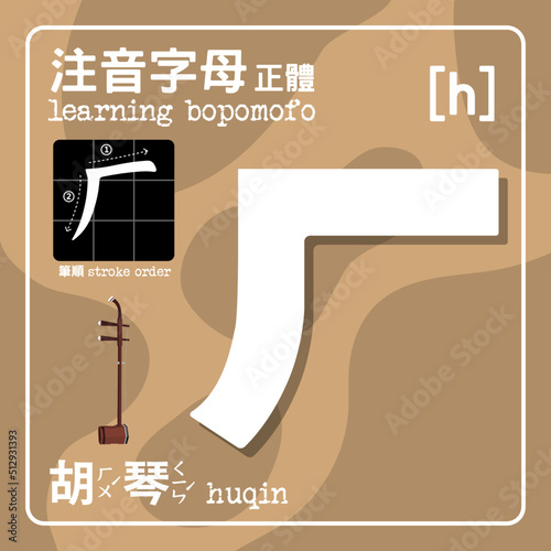 Bopomofo is Mandarin Phonetic Symbols, also named Zhuyin. Consisting of 37 characters and five tones. [h] The Chinese characters means: Bopomofo in Regular format. Stroke order. Huqin. photo