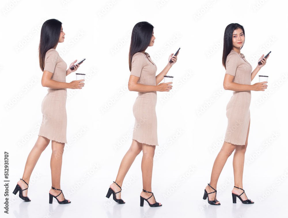 Obraz premium Full length 20s Asian Woman teacher business finance manager, walking forward left right