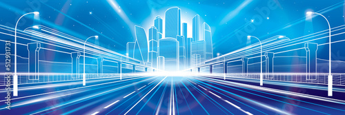 Night highway. Neon Glow City. Business town illustration. Trains rides on bridges. Big road in desert. Mounrains at background. White outlines panorama,  vector design art 