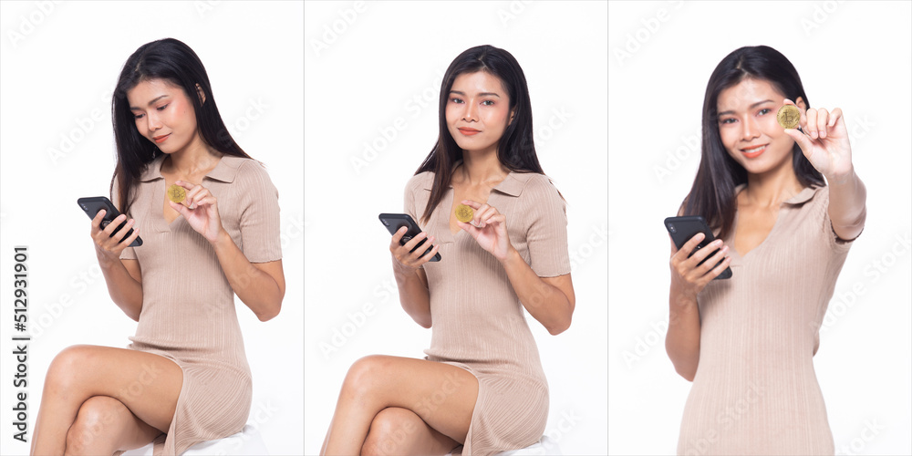 Full length 20s Asian Woman teacher business finance manager, trade cryptocurrency btc bitcoin