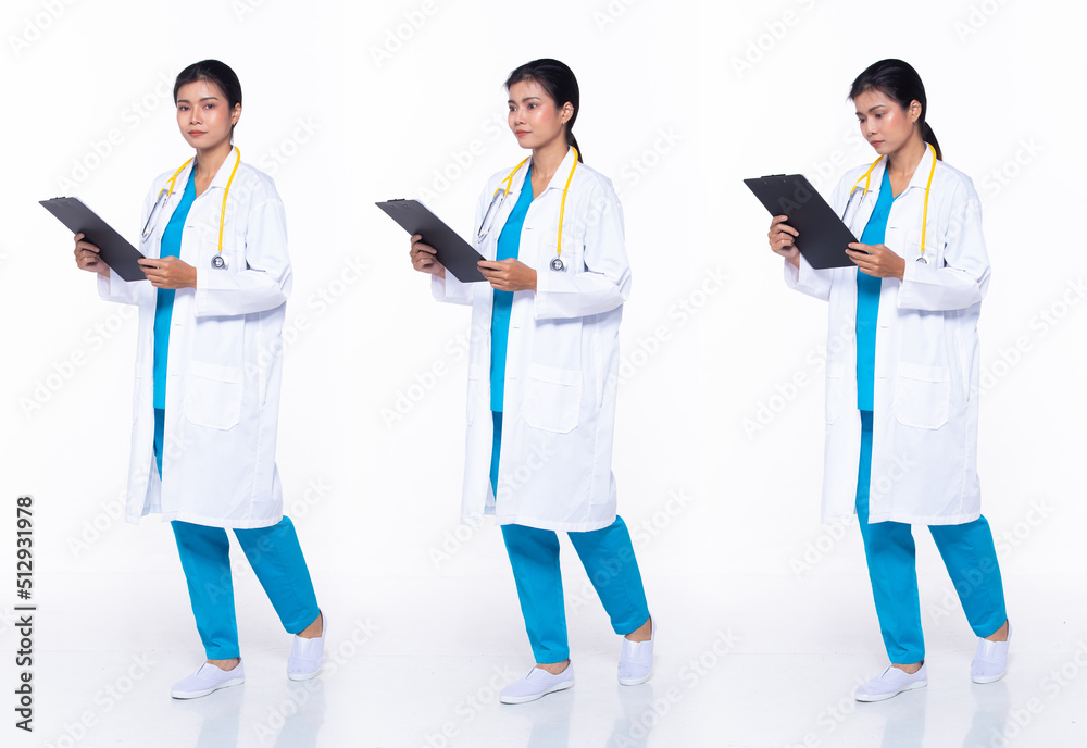 Full length 30s Asian Woman scientist surgeon Doctor, walking forward left right Full length 30s Asian Woman scientist surgeon Doctor, walking forward left right