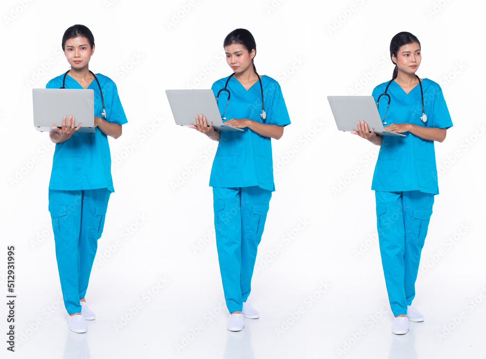 Full length 30s Asian Woman scientist surgeon Doctor, walking forward left right Full length 30s Asian Woman scientist surgeon Doctor, walking forward left right