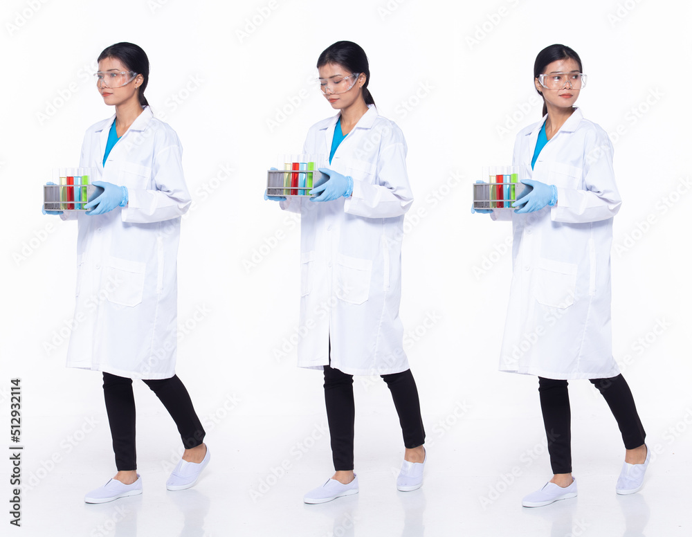 Full length 30s Asian Woman scientist science Doctor, walking forward left right Full length 30s Asian Woman scientist science Doctor, walking forward left right