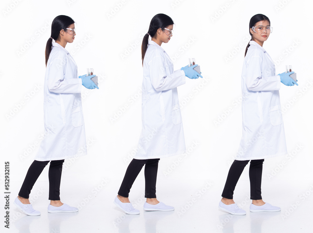 Full length 30s Asian Woman scientist science Doctor, walking forward left right Full length 30s Asian Woman scientist science Doctor, walking forward left right