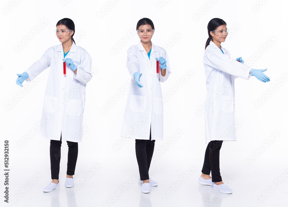 Full length 30s Asian Woman scientist science Doctor, shaking hand act Full length 30s Asian Woman scientist science Doctor, shaking hand act