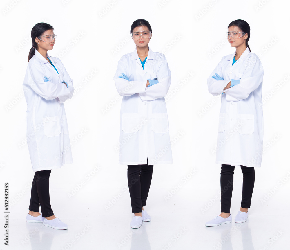 Full length 30s Asian Woman scientist science Doctor, cross arms confident Full length 30s Asian Woman scientist science Doctor, cross arms confident