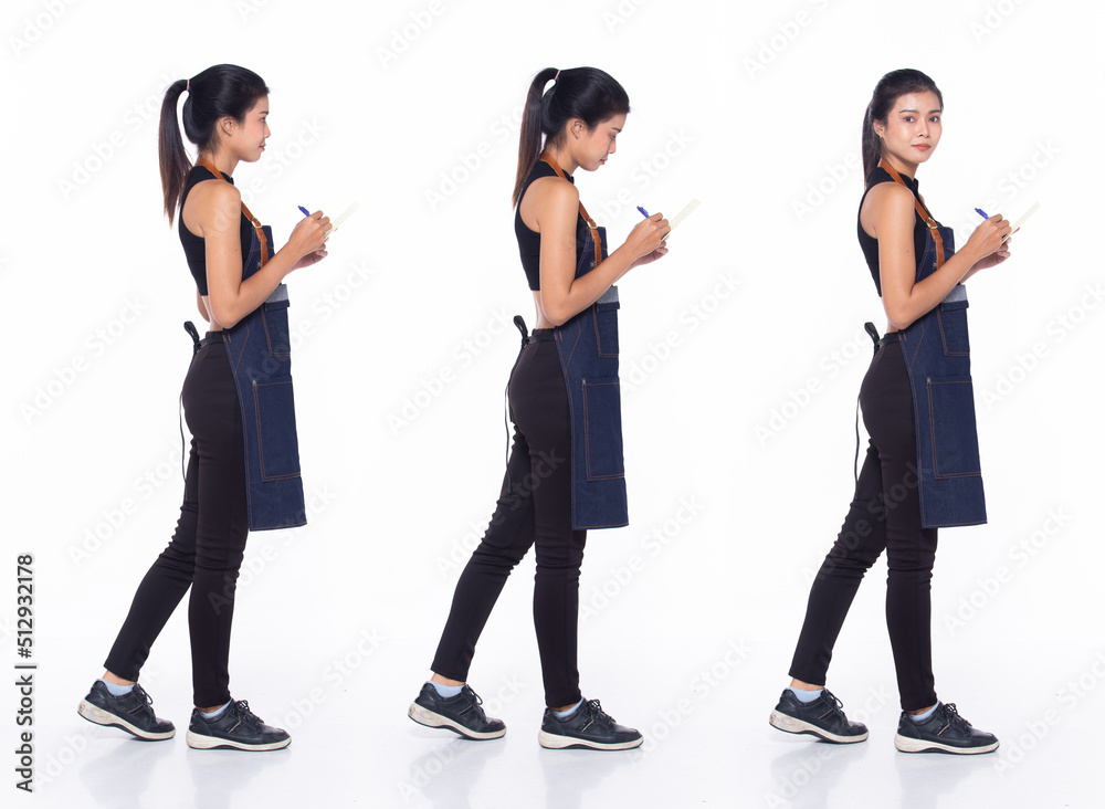 Fototapeta premium Full length 30s Asian Woman barista waitress menu, walking forward left right