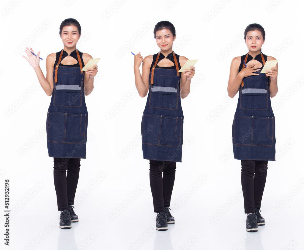 Fototapeta premium Full length 30s Asian Woman barista waitress menu, wow surprise glad shock