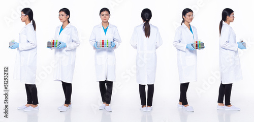 Full length 30s Asian Woman scientist science Doctor, 360 front side back rear photo