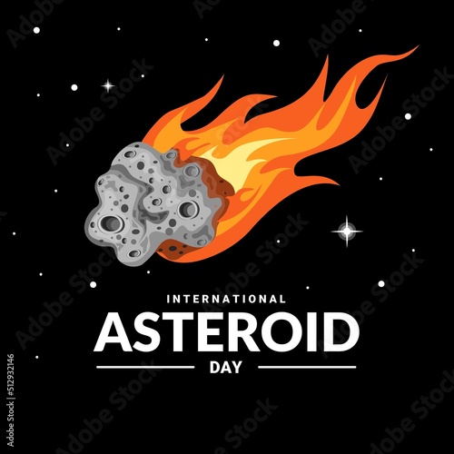 Vector illustration of an asteroid streaking through space, with earth and stars in the background, as a banner or poster, international asteroid day.