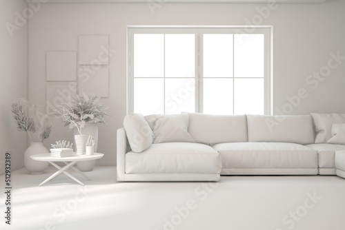 Mock up of minimalist living room in white color with sofa. Scandinavian interior design. 3D illustration © AntonSh