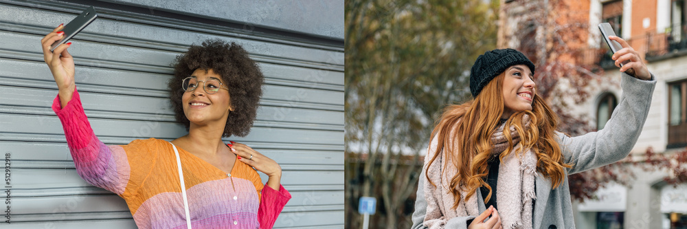 A girl with afro hair and a caucasian girl make a video call while they are on the street