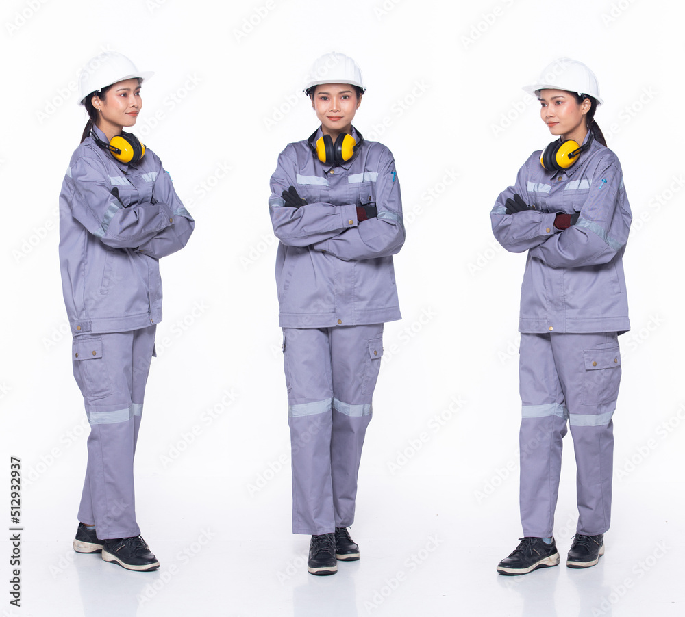 Full length 30s Asian Woman engineer technician electrician, cross arms confident Full length 30s Asian Woman engineer technician electrician, cross arms confident