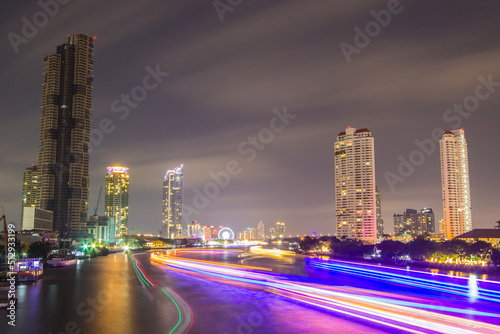 Klongsan,Bangkok,Thailand on April 15,2019:Beautiful night scape of Chao Phraya River and Bangkok skyline.