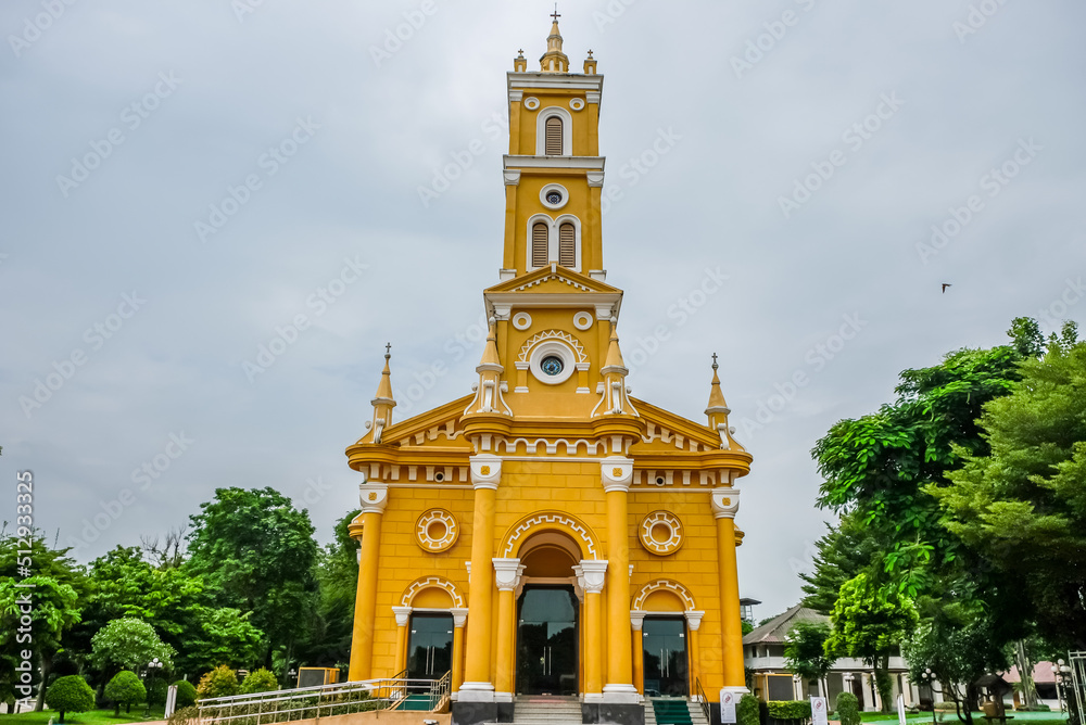 Phra Nakhon Si Ayutthaya Province,Central Thailand on August21,2018:Beautiful art and architecture of Saint Joseph Catholic Church on the south bank of the Chao Phraya River.