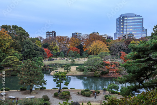 Photography Tokyo,Japan on December6,2019:Beautiful panoramic view of Rikugien Garden in autumn