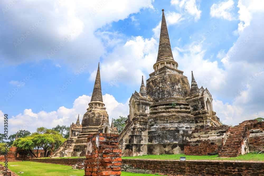 Phra Nakorn Si Ayutthaya,Thailand on July 8,2020:Beautiful pagodas and Ruins of Wat Phra Si Sanphet,Ayutthaya Historical Park