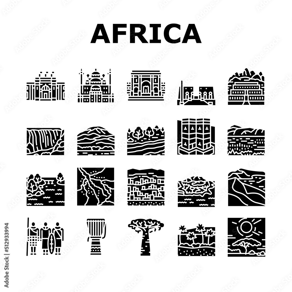 Africa Continent Nation Treasure Icons Set Vector. Drum Africa Traditional Musician Instrument And Serengeti National Park, Suleiman Pasha Mosque Bandiagara Town Glyph Pictograms Black Illustrations - obrazy, fototapety, plakaty 