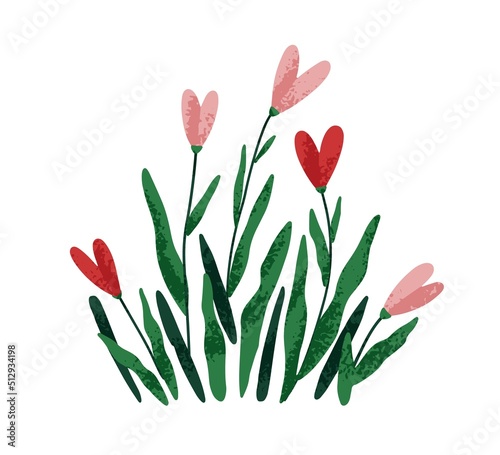 Heart-shaped flowers with leaf. Wild floral plants with blooming valentine bu...