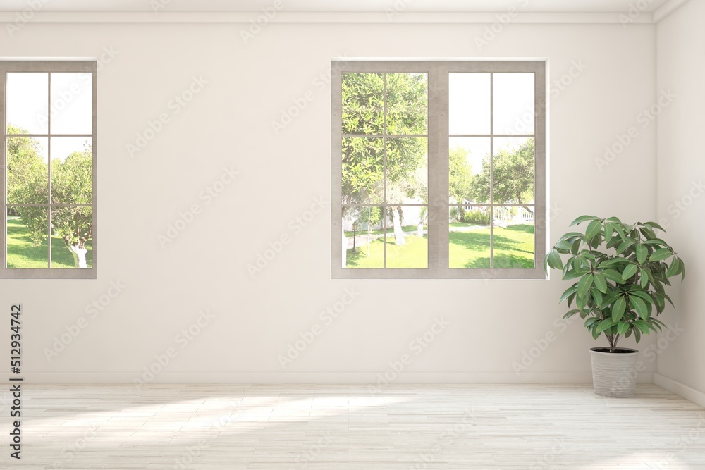 White empty room with summer landscape in window. Scandinavian interior design. 3D illustration White empty room with summer landscape in window. Scandinavian interior design. 3D illustration