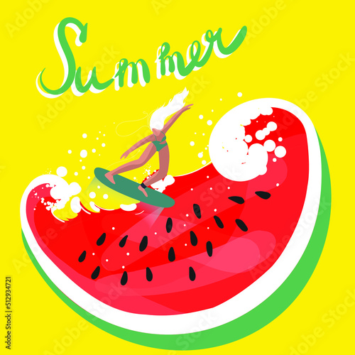 Stylized piece of watermelon in the form of a wave of juice with a surfer, vector illustration, Summer lettering. Suitable for invitations to a summer, coastal party, for a fresh cafe menu.