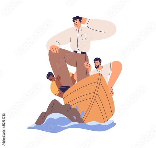 Business problems, failure, mistakes, obstacles concept. Boat team in accident, crisis. Company failing. Colleagues and work difficulties. Flat vector illustration isolated on white background