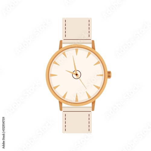Hand wrist watches design with leather bracelet and metal gold dial. Analog wristwatch with arrows. Arm clocks, watch with strap. Time accessory. Flat vector illustration isolated on white background