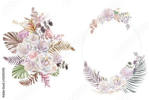 Set of a bouquet of white roses and an oval frame in vintage style with dried flowers and a bouquet