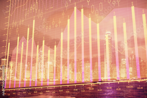 Multi exposure of forex chart drawings over cityscape background. Concept of success. © peshkova