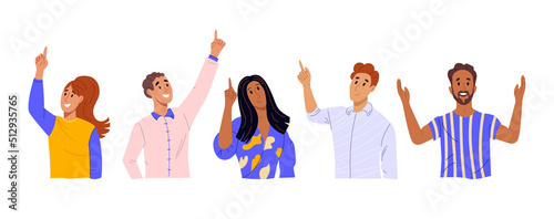 Diversity people looking up and pointing with fingers. Smiling men and women characters indicating upword in sky. Searching new goals concept. Flat vector illustartion