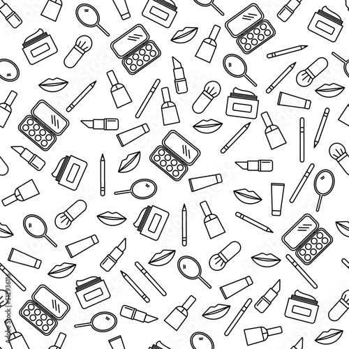 Cosmetics and makeup vector seamless pattern in line art style. Vector illustration for women store cosmetic or fashion background.