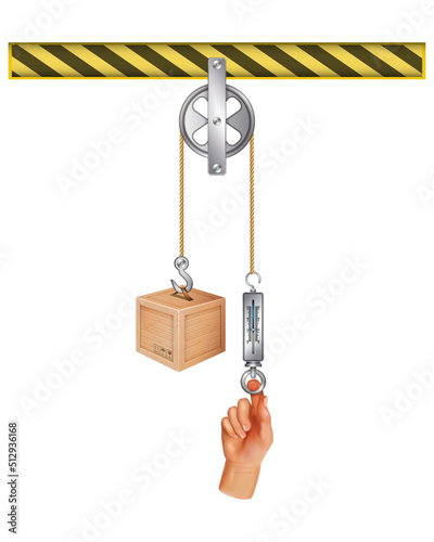 Pulley system. Weight load lifting with simple engineering dynamics crane technology. Fixed, movable and gun tackle examples comparison. Load versus effort. Loaded movable pulleys. The laws of motion.