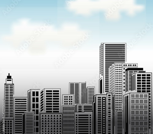 City Scene with Clear Blue Sky Background Illustration. Cloudy City Building Vector Design