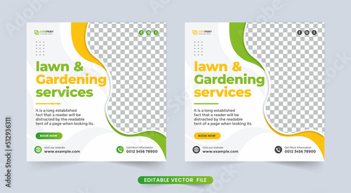 Lawn and gardening service social media post vector. Garden care and lawn mower work promotion template design. Mowing and landscaping advertisement poster design with green and yellow color.