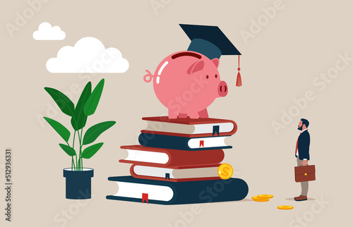 Piggy bank wearing graduation hat on stack on school textbooks and dollar money coins. Education fund, collect money for school, college and university cost, student scholarship or loan.