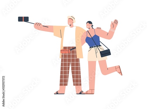 Tourists couple take selfie photo, hold monopod with mobile phone. Happy man and woman making photograph, recording video during summer travel. Flat vector illustration isolated on white background
