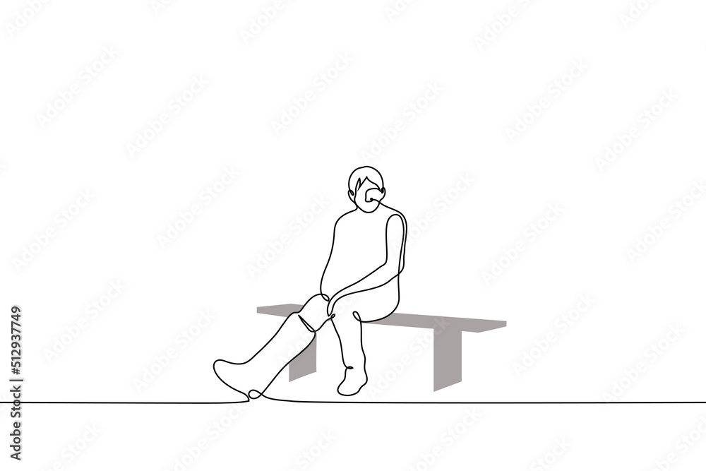 man-with-a-cast-on-his-right-leg-sadly-sits-alone-on-a-bench-one-line