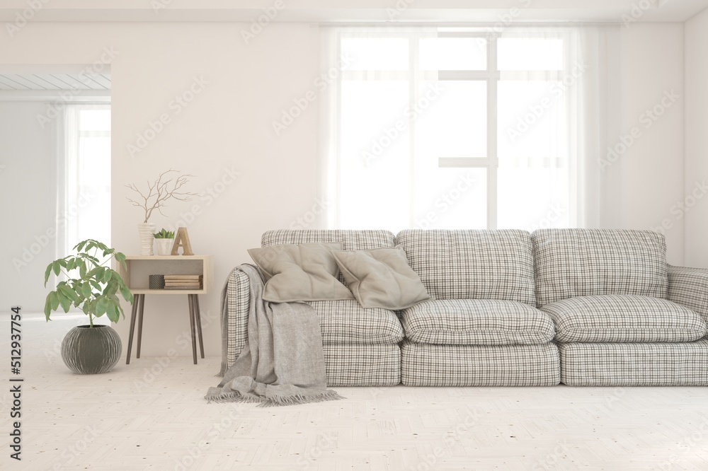 Fototapeta premium White living room with sofa. Scandinavian interior design. 3D illustration