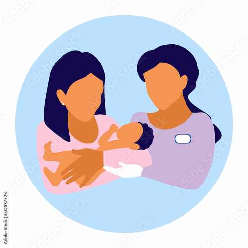 The lactation adviser helps the  mother attach the newborn baby. Postpartum support, nursing mothers care. Communicating breastfeeding issues.