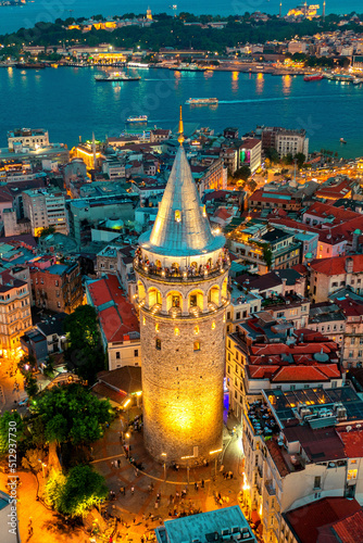 Galata tower at night in Istanbul, Turkey. photo