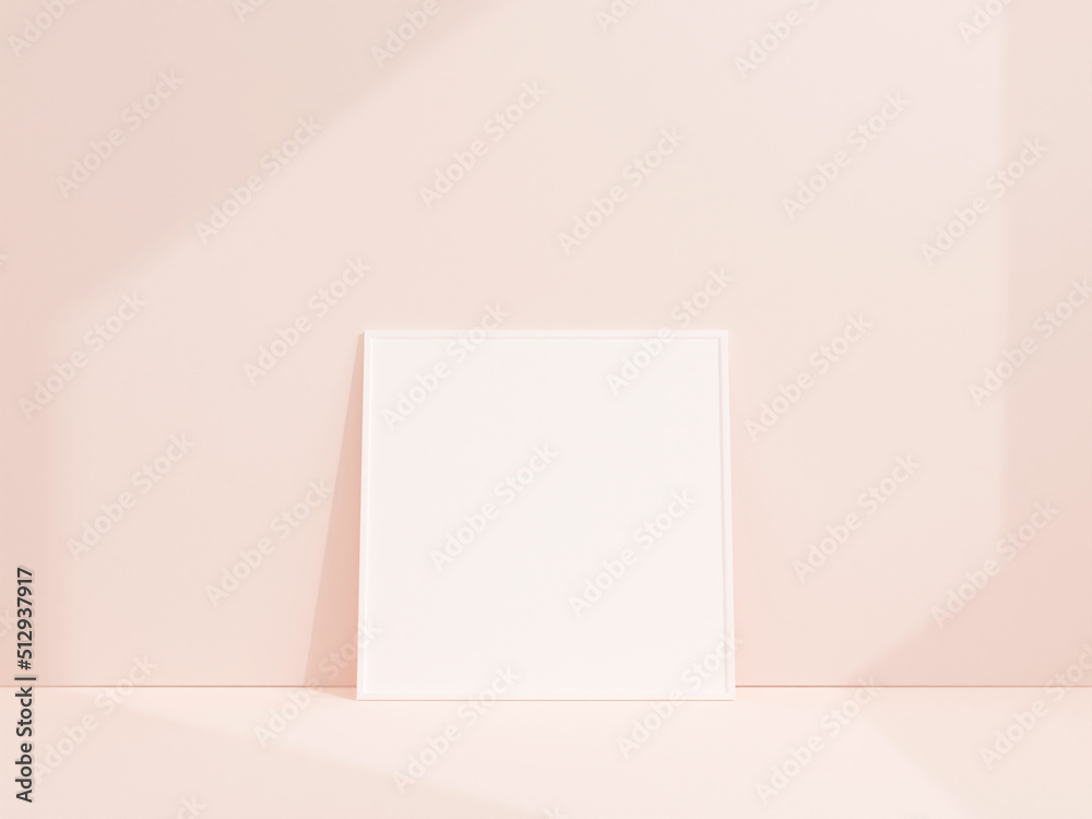 Clean and minimalist front view square white photo or poster frame mockup leaning against white wall. 3d rendering. Clean and minimalist front view square white photo or poster frame mockup leaning against white wall. 3d rendering.